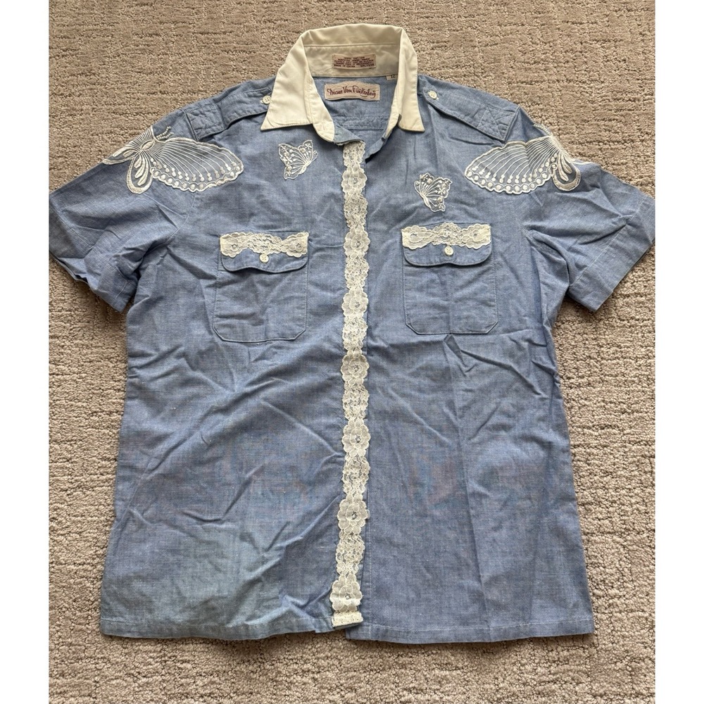 Vintage 90s Diane von Furstenberg Chambray Camp Lace Appliqué Womans Shirt Sz 12